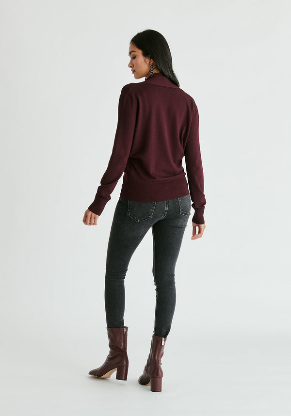 Long Sleeve Knitted Wrap Top in Dark Plum Back